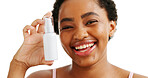 Black woman, skincare spray and happy in studio portrait with confidence, pride or bottle on white background. African model, girl and smile with product for dermatology, beauty or cosmetics in Kenya