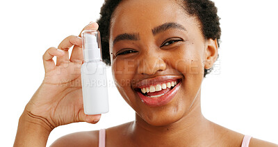Buy stock photo Black woman, skincare spray and happy in studio portrait with confidence, pride or bottle on white background. African model, girl and smile with product for dermatology, beauty or cosmetics in Kenya