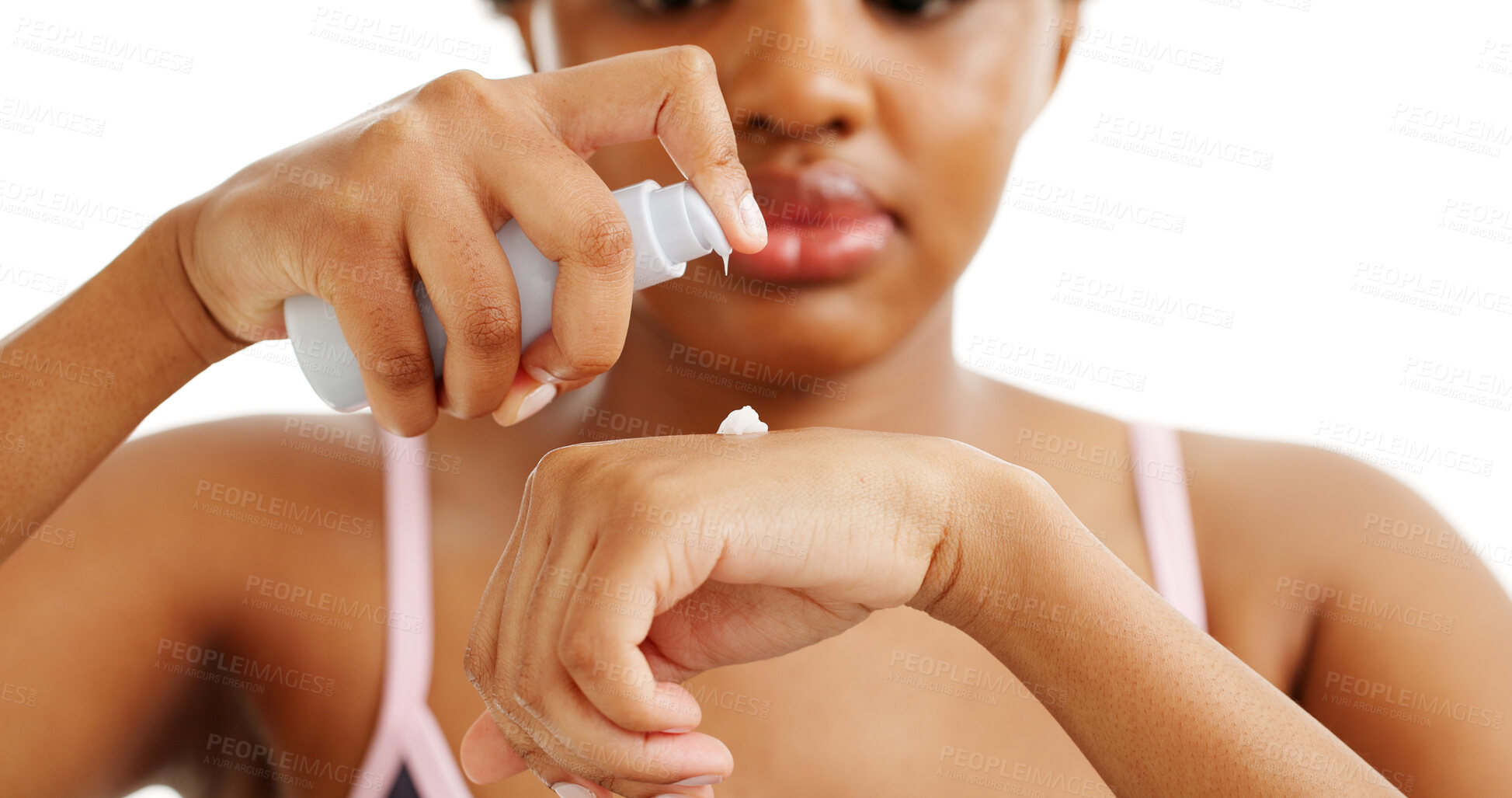 Buy stock photo Hands, woman or cream in studio with bottle, hydration or treatment for even skin tone. African person or skincare routine for beauty with white background, collagen or tissue protein for anti aging.