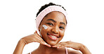Cream, cosmetics and portrait of black woman in studio for skincare, collagen benefits and beauty facial. Self care, vitamin c lotion and dermatology with person on white background for space