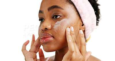 Buy stock photo Sunscreen, skincare and woman with cream in studio, cosmetics or spf protection for dermatology. Wellness, self care or African person with product, facial beauty routine or space on white background