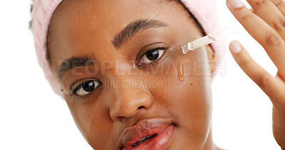 Buy stock photo Serum, skincare and portrait of black woman in studio for cosmetics, collagen benefits and beauty facial. Self care, vitamin c dropper and dermatology with person on white background for glow