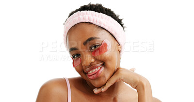 Buy stock photo Eye mask, skincare and portrait of black woman in studio for beauty, collagen benefits or facial cosmetics. Self care, vitamin c patch or dermatology with person on white background with mockup space