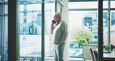 Buy stock photo Man, window or call in office with phone, discussion or communication for sale. Serious, mature person or business development manager in company with mobile, conversation or negotiation for deal