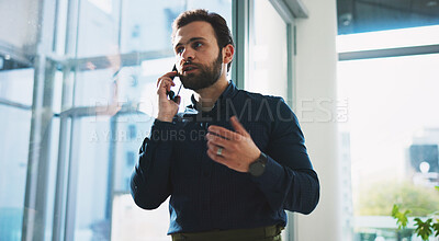 Buy stock photo Office, phone call and business man talking to contact for investment deal, negotiation or offer. Mobile, serious advisor and conversation in workplace for financial information, feedback and advice