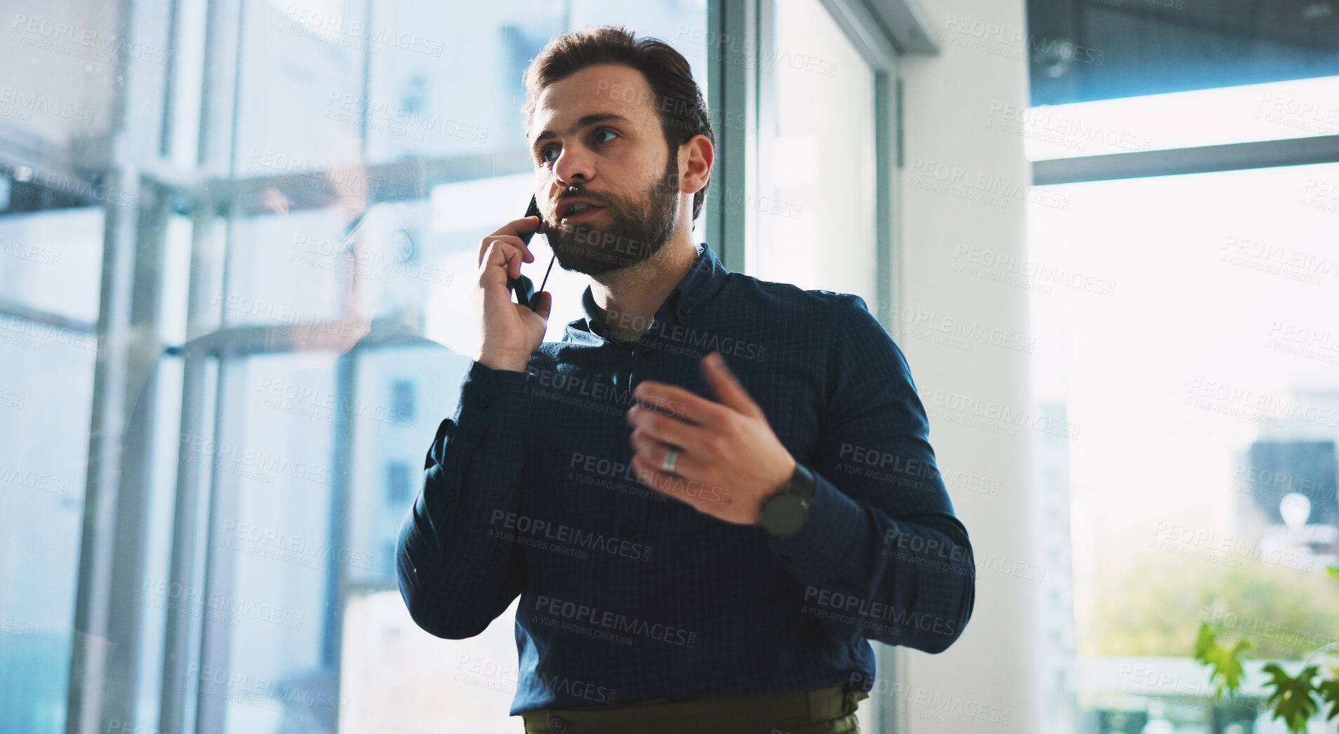 Buy stock photo Office, phone call and business man talking to contact for investment deal, negotiation or offer. Mobile, serious advisor and conversation in workplace for financial information, feedback and advice