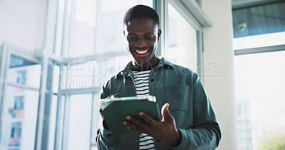 Buy stock photo Happy, black man and smile with tablet for schedule, tasks or planning agenda in office. Business person, employee or creative director with tech for research, online portfolio or workplace proposal