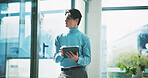 Thinking, businessman and vision with tablet for schedule, tasks or planning agenda in office. Glass, creative director and reflection with tech for research, online portfolio or workplace proposal