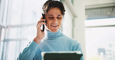 Buy stock photo Phone call, planning and tablet with business man in office for campaign manager, contact and research. Creative director, engagement tracking and digital chat with person in media agency for project