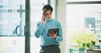 Buy stock photo Phone call, smile and tablet with business man in office for campaign manager, contact and research. Creative director, engagement tracking and digital chat with person in media agency for project