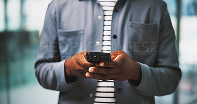 Buy stock photo Texting, hands and person in business with phone, text message or communication in creative agency. Typing, technology and man in office with email feedback, mobile app or social media content plan.