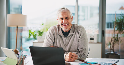 Buy stock photo Laptop, mature and portrait with business man in office for magazine subscription, client survey and research. Engagement tracking, newsletter poll and editor proposal with person in media agency