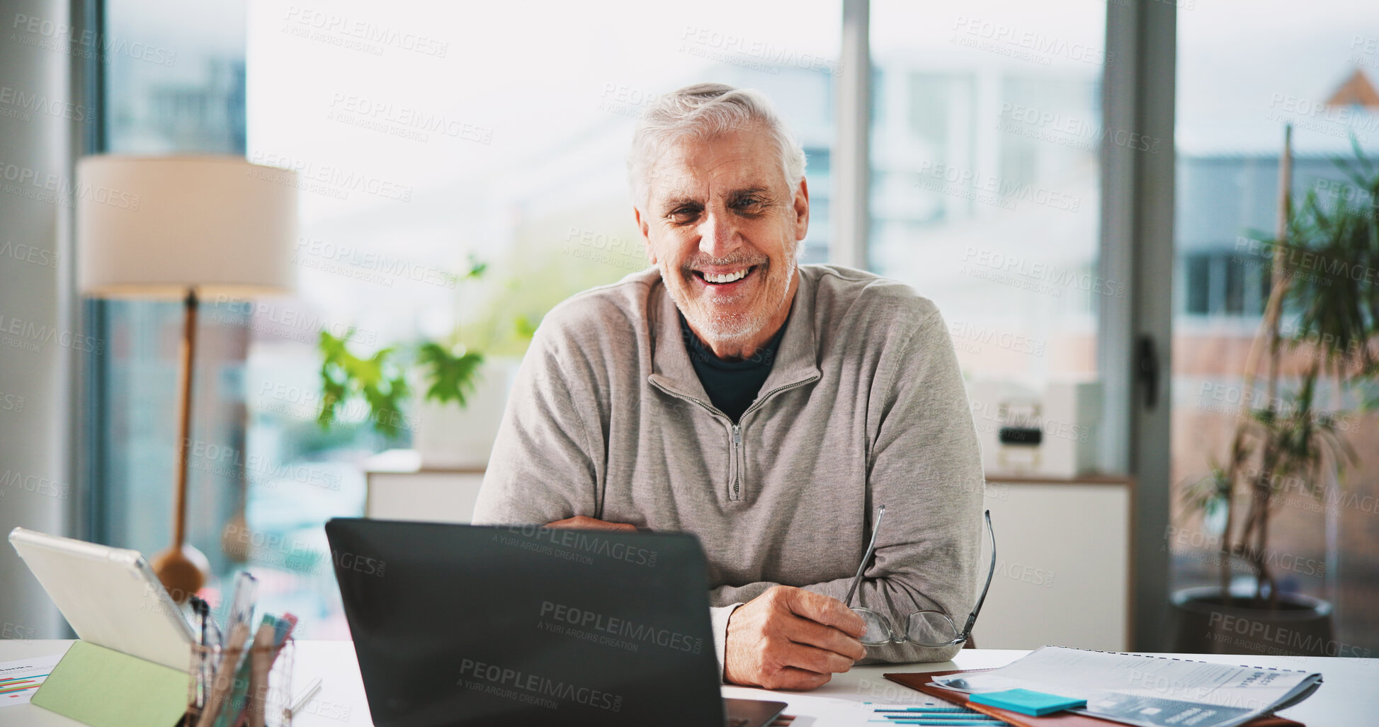 Buy stock photo Laptop, mature and portrait with business man in office for magazine subscription, client survey and research. Engagement tracking, newsletter poll and editor proposal with person in media agency