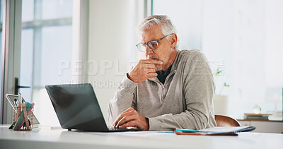 Buy stock photo Thinking, CEO and man with laptop, office or planning for UX design on website, creative and online. Reflection, graphic designer and mature person with solution for project, serious and research