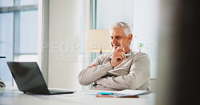 Laptop, mature and reading with business man in office for magazine subscription, client survey and research. Engagement tracking, newsletter poll and editor proposal with person in media agency