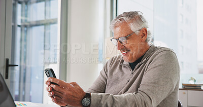 Buy stock photo Happy, mature and man in office with phone, graphs and data analytics feedback in finance review. Smile, financial analyst and person in workplace with tech, stats report and business growth analysis