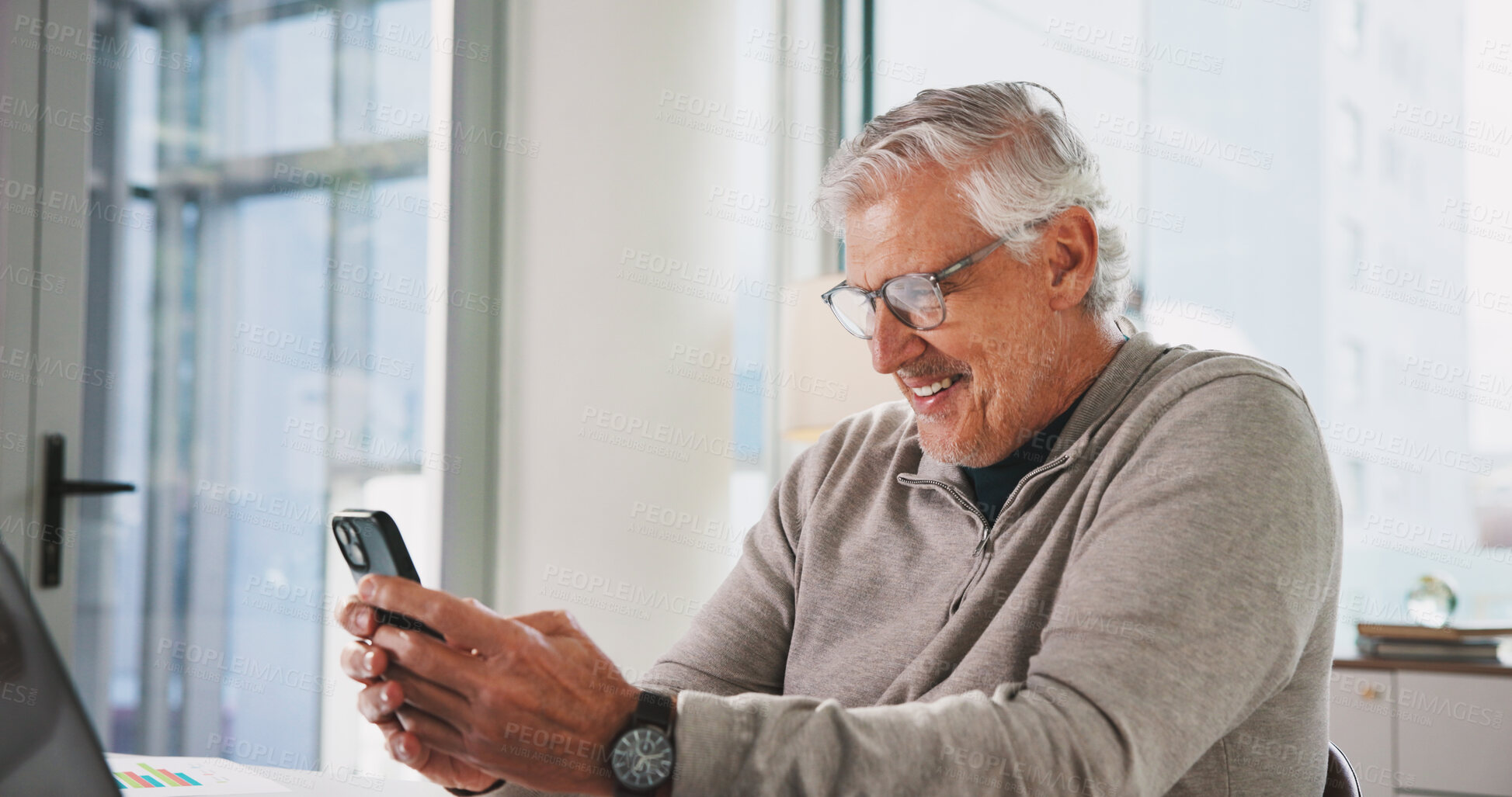 Buy stock photo Happy, mature and man in office with phone, graphs and data analytics feedback in finance review. Smile, financial analyst and person in workplace with tech, stats report and business growth analysis