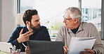 Documents, finance and laptop with business men in office for accounting or budget review. Collaboration, computer and paperwork with employee team in financial workplace for wealth management