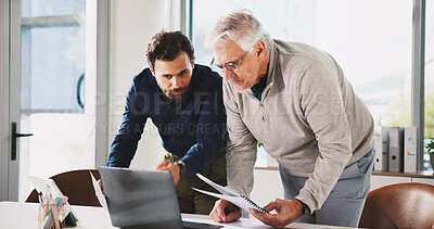 Buy stock photo Finance, laptop and paper with business men in office for accounting or budget review. Collaboration, computer and documents with employee team in financial workplace together for wealth management