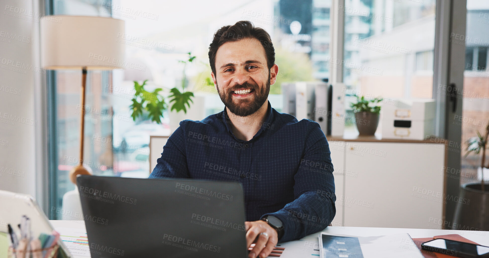 Buy stock photo Laptop, portrait and smile with business man in office for news article, source fact check and headline review. Publishing, proofreading and research with person in media agency for online report