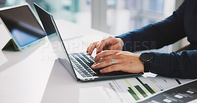 Buy stock photo Hands, laptop and typing with business person at desk in office for financial report or review. Computer, finance and keyboard with professional employee in workplace for accounting or budget