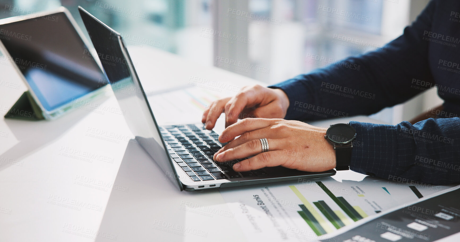 Buy stock photo Hands, laptop and typing with business person at desk in office for financial report or review. Computer, finance and keyboard with professional employee in workplace for accounting or budget