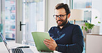 Smile, businessman and reading with tablet for schedule, tasks or planning agenda in office. Laptop, man and creative director with technology for research, online portfolio or workplace proposal
