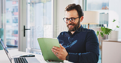 Buy stock photo Smile, businessman and reading with tablet for schedule, tasks or planning agenda in office. Laptop, man and creative director with technology for research, online portfolio or workplace proposal