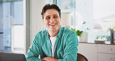 Buy stock photo Laptop, portrait and happy with business man in office for news article, source fact check and headline review. Publishing, proofreading and research with person in media agency for online report