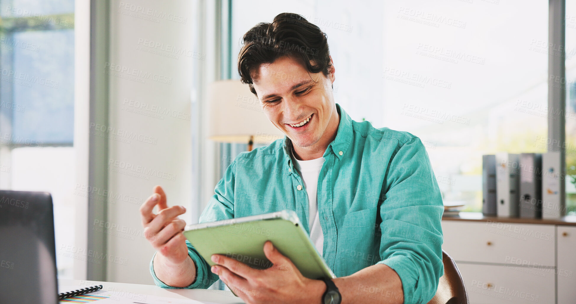 Buy stock photo Smile, businessman and research with tablet for schedule, tasks or planning agenda in office. Laptop, man and creative director with technology for reading, online portfolio or workplace proposal