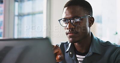 Buy stock photo Laptop, glasses and research with business black man in office for news article, source fact check and story. Publishing, review and reading with person in media agency for online report and editor