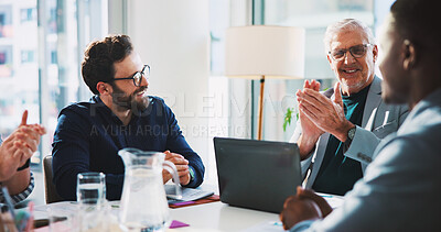 Buy stock photo Group, business men and applause in office to celebrate success, financial goal or achievement. Happy team, meeting and clapping with CEO for investment profit, win and target with company award