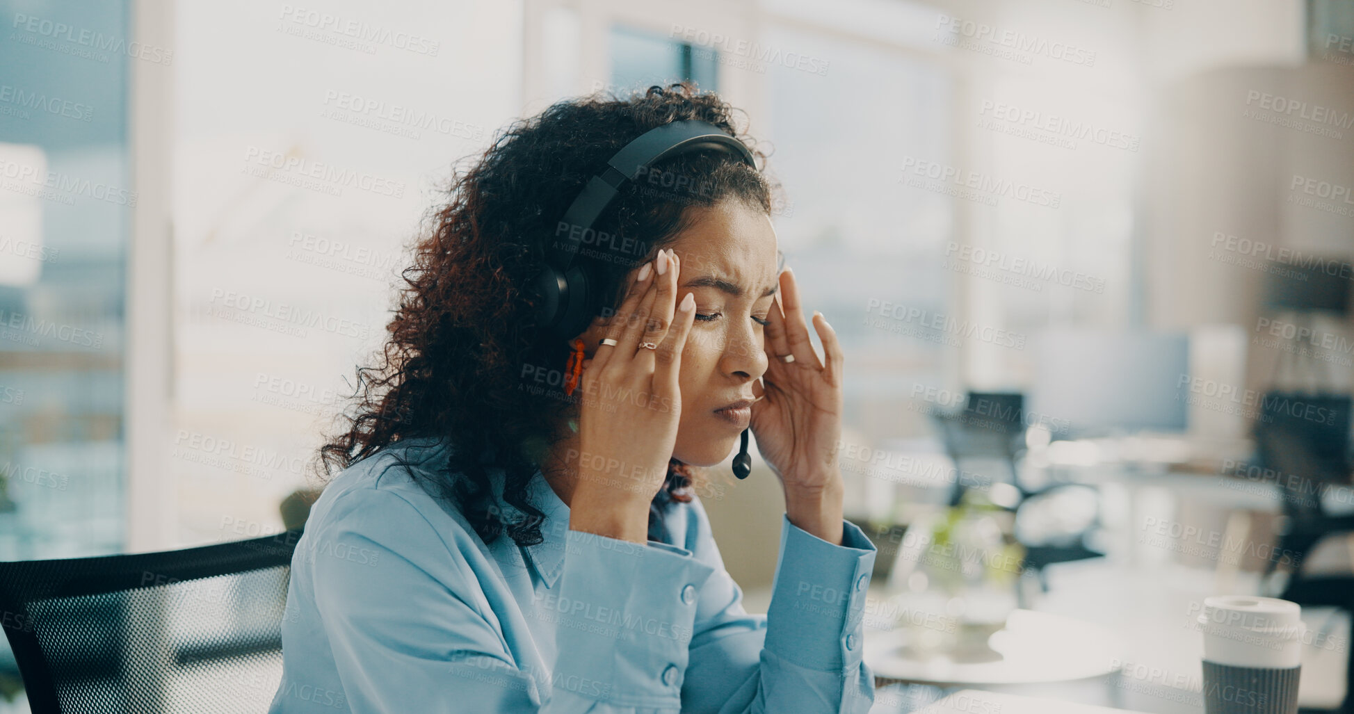 Buy stock photo Woman, call center and stress in office with headache, contact us error and mistake. African consultant, customer support and migraine in agency with headset, technical issue and difficult client