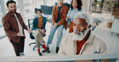 Buy stock photo Man, presentation and board at startup in office meeting with team, planning or notes at media company. Mature person, above and checklist for project management, solution or group at creative agency