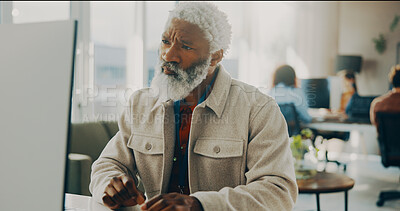 Buy stock photo Digital marketing, man and thinking on computer in office, review and improve idea for campaign proposal. Trend research, strategy or people in creative agency for brand promotion, advertising or pc