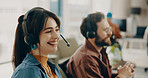 Happy, woman and call center consultant in office with crm, communication or contact us. Smile, headset and female technical support agent with online consultation for customer service in workplace.
