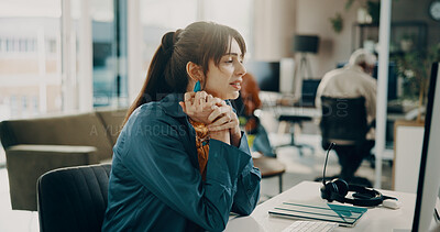 Buy stock photo Woman, computer and review at call center with thinking, customer support or help desk at digital agency. Person, pc and consultant with perspective, solution and contact us for feedback at office