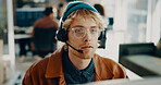 Computer, consultant and man with headset, call center or listen to enquiry, sales or communication. Business, agent and person with mic for lead generation, conversation and consultation with tech
