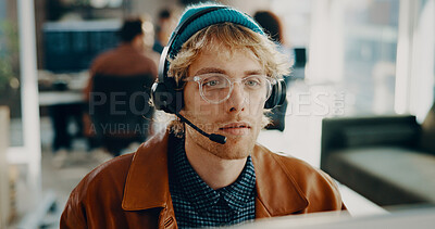 Buy stock photo Computer, consultant and man with headset, call center or listen to enquiry, sales or communication. Business, agent and person with mic for lead generation, reading and consultation with tech