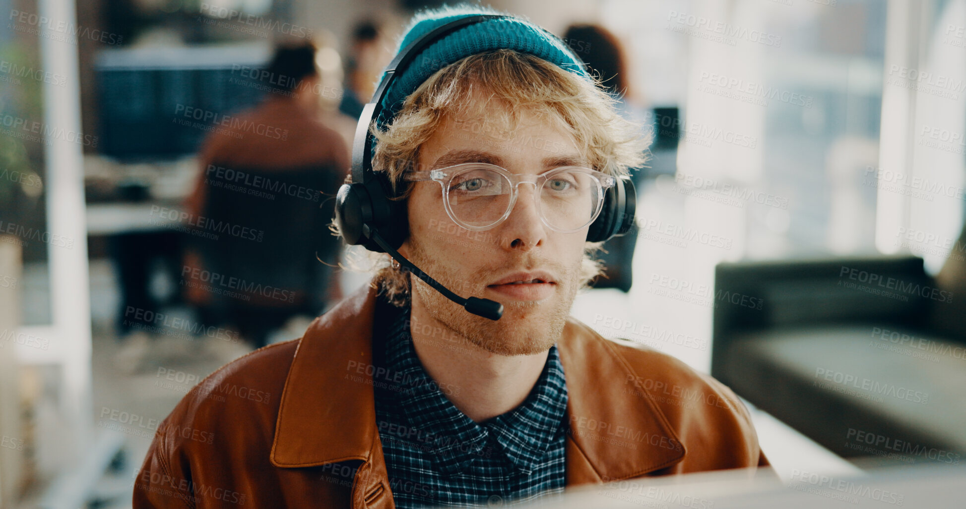 Buy stock photo Computer, consultant and man with headset, call center or listen to enquiry, sales or communication. Business, agent and person with mic for lead generation, reading and consultation with tech