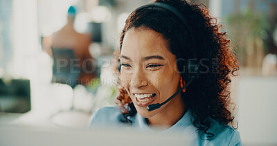 Buy stock photo Headset, woman and technical support agent in office with crm, communication or contact us. Happy, mic and female call center consultant with online consultation for customer service in workplace.