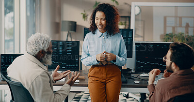 Buy stock photo Woman, team and trader meeting with discussion for investment ideas, trading dashboard or cryptocurrency. Business people, stock market and chat in broker partnership for financial strategy with data