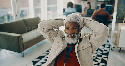 Buy stock photo Relax, smile and research with business man in office for press release, satisfaction and editor success. Happy, journalism expose report and news deal with mature person in media agency for goal