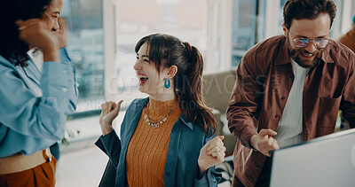 Buy stock photo Group, celebration and good news on computer, office and excited for success and ad campaign on web. Happy, women and collaboration with man for digital marketing, achievement and people with project
