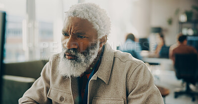 Buy stock photo Agency, computer and proofreading with journalist man in workplace for publication decision. Confused, fact checking and information with mature manager in coworking office for online article review
