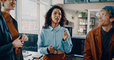 Team, woman and talking in trading meeting for stocks news, currency price update and feedback. Trader dashboard, people and discussion with charts for market conditions, crypto strategy or analysis