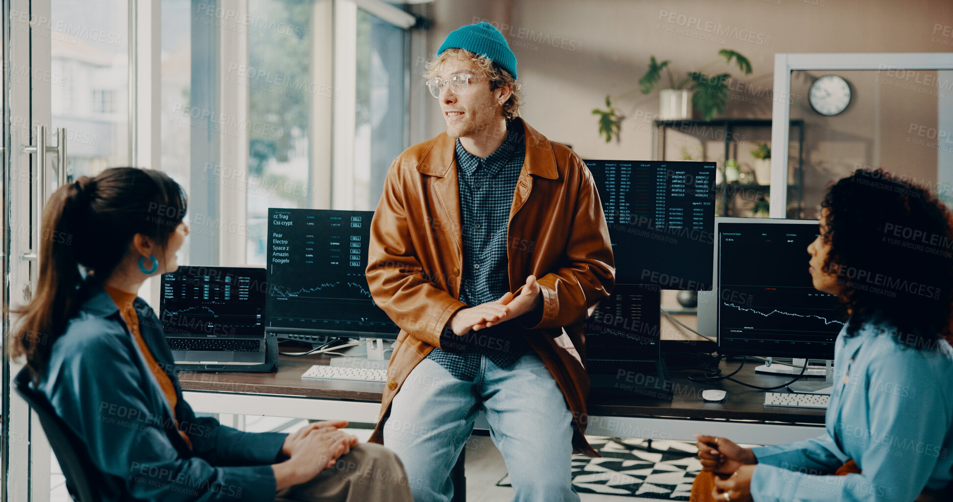 Buy stock photo Businessman, team and finance meeting with discussion for investment ideas, trading dashboard or communication. Person, stock market and people with collaboration, trader conversation or strategy