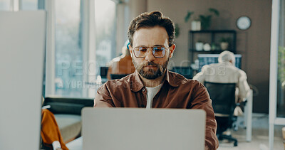 Buy stock photo Business, laptop and man with online reading, review article and feedback for proposal. Creative agency, person and journalist in office, pc and network with editing for news report, email and ideas