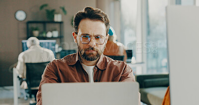 Buy stock photo Business, computer and man with glasses, internet and online reading with magazine website. Creative agency, person and journalist in office, pc and reflection with editing for news report and ideas