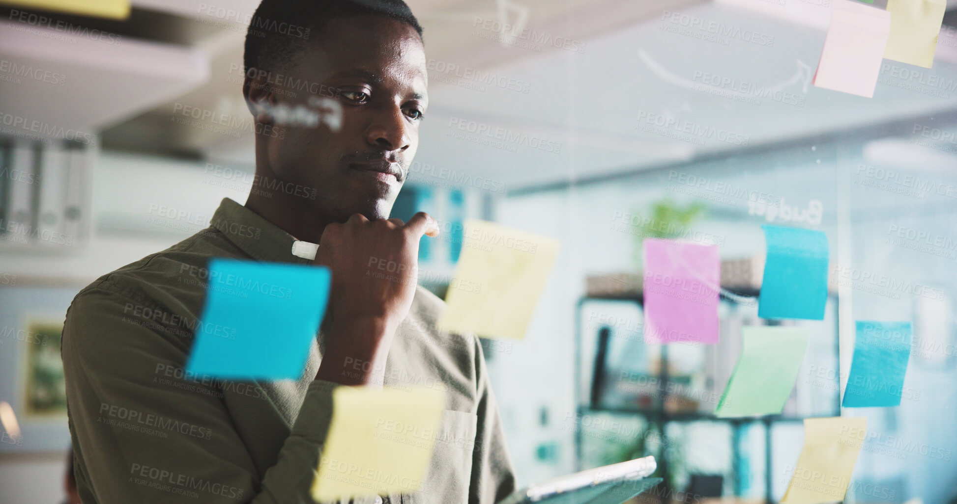 Buy stock photo Thinking, brainstorming or person in office with problem solving, ideas or solution in creative agency. Vision, insight or black man in startup with sticky note, budget plan and marketing strategy